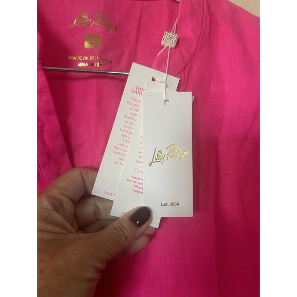 $138 NWT Lilly Pulitzer 100% Linen Hot Pink Barbie Short Puff Sleeve Blouse Sz 8 - Picture 4 of 12